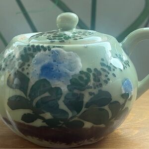 Small Green Teapot With Garden Pattern and 3D Flowers